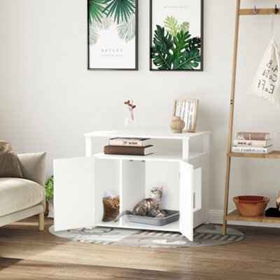 Pawhut Wood Cat Litter Box Enclosure Furniture W/ Adjustable Interior Wall White - image 1