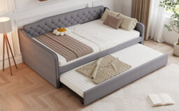 Matteo Velvet Upholstered Daybed With Pull-Out Trundle, 4Ft6 Double (135X190Cm) Grey Sofa Bed, Modern Space-Saving Design - thumbnail 8