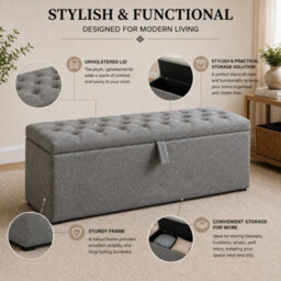 Stratus Interiors Chesterfield Storage Ottoman With Deep Buttoned Upholstered Lid, Spacious Blanket Box For Bedroom, Lounge & Hallway - Grey Naples - thumbnail 4