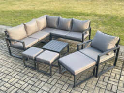 Fimous Outdoor Garden Furniture Set Aluminium Lounge Sofa Coffee Table Sets With Chair 3 Footstools Conservatory Set Dark Grey - thumbnail 1