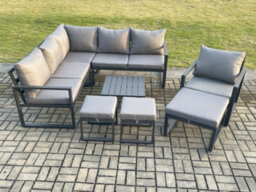 Fimous Outdoor Garden Furniture Set Aluminium Lounge Sofa Coffee Table Sets With Chair 3 Footstools Conservatory Set Dark Grey - thumbnail 2