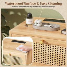 Rattan Nightstand With  Power Outlet - 2 Drawer Bedside Table Set Of 2 Beige - thumbnail 4