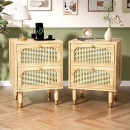 Rattan Nightstand With  Power Outlet - 2 Drawer Bedside Table Set Of 2 Beige