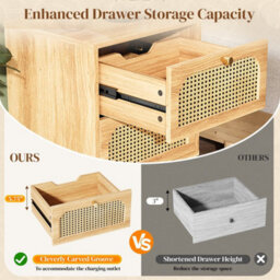 Rattan Nightstand With  Power Outlet - 2 Drawer Bedside Table Set Of 2 Beige - thumbnail 3