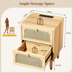 Rattan Nightstand With  Power Outlet - 2 Drawer Bedside Table Set Of 2 Beige - thumbnail 2