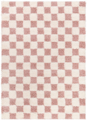 Livabliss Urban Shaggy-Modern Ivory Pink Checkered Soft Plush Pile Living Bedroom Rug 130 X 170 Cm Easy Care, Non Shedding - image 1