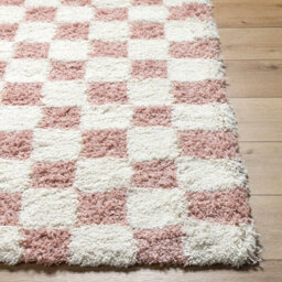 Livabliss Urban Shaggy-Modern Ivory Pink Checkered Soft Plush Pile Living Bedroom Rug 130 X 170 Cm Easy Care, Non Shedding - thumbnail 5
