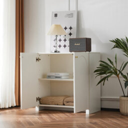 Btm Storage Cabinet, 2 Door Wooden Buffet Sideboard With Adjustable Shelf, Metal Handles, White, 80X40X80Cm - thumbnail 4