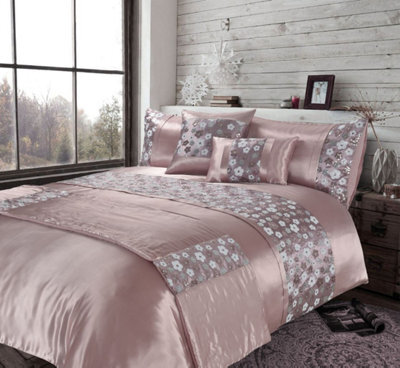 Homes & Linen Romi Luxury Floral Embroidered Pink Duvet Cover Set Polyester Bedding With Pillowcases - image 1