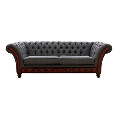 Chesterfield 3 Seater Sofa Antique Oxblood Leather Marinello Pewter Fabric In Jepson Style - image 1