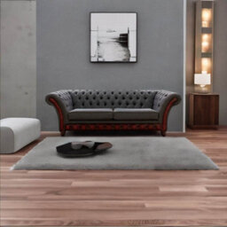 Chesterfield 3 Seater Sofa Antique Oxblood Leather Marinello Pewter Fabric In Jepson Style - thumbnail 2