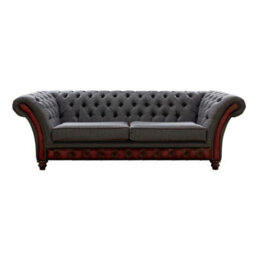 Chesterfield 3 Seater Sofa Antique Oxblood Leather Marinello Pewter Fabric In Jepson Style - thumbnail 1