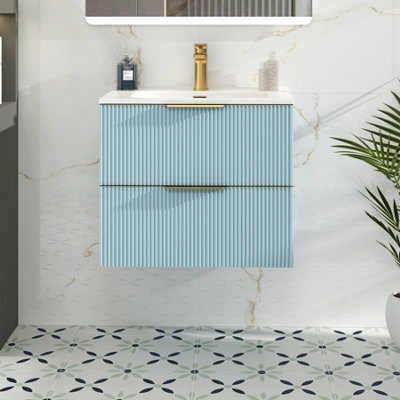 Royal Bathrooms Evora 700mm Powder Blue Fluted Wall Hung Bathroom Vanity Unit 2 Drawer With Ceramic Basin & Brushed Brass Handles - image 1