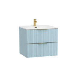 Royal Bathrooms Evora 700mm Powder Blue Fluted Wall Hung Bathroom Vanity Unit 2 Drawer With Ceramic Basin & Brushed Brass Handles - thumbnail 6