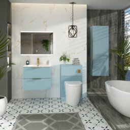 Royal Bathrooms Evora 700mm Powder Blue Fluted Wall Hung Bathroom Vanity Unit 2 Drawer With Ceramic Basin & Brushed Brass Handles - thumbnail 3
