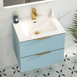 Royal Bathrooms Evora 700mm Powder Blue Fluted Wall Hung Bathroom Vanity Unit 2 Drawer With Ceramic Basin & Brushed Brass Handles - thumbnail 5