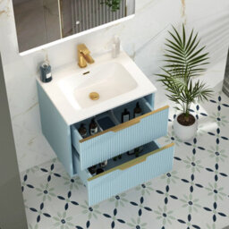 Royal Bathrooms Evora 700mm Powder Blue Fluted Wall Hung Bathroom Vanity Unit 2 Drawer With Ceramic Basin & Brushed Brass Handles - thumbnail 4