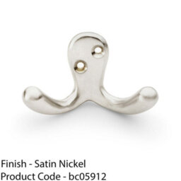 Loops Solid Brass Victorian Double Robe Coat Hook - Wall Mounted Holder Satin Nickel - thumbnail 2