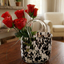 Elegant Handbag-Style Large Black Pebble Fleck Design Thick Glass Flower Vase - thumbnail 2