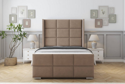 "Sloomy Beaumont Mink Plush Bed Frame With Mattress With 50""  Upholstered Wingback Headboard 4' Small Double" - image 1