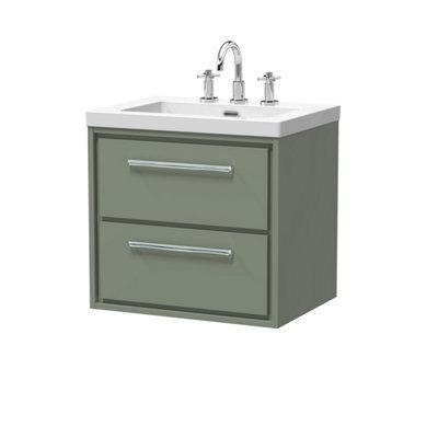 Balterley Longnor Modern Bathroom 2 Soft Close Drawer Wall Hung Vanity Unit With Fireclay Basin, Fern Green, 600mm - image 1