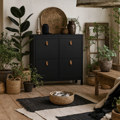 Wyld Haus Wildberry Matt Black Wooden Shoe Cabinet 4 Flip-Down Doors Leather Tab Handles - image 1