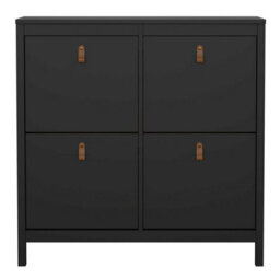 Wyld Haus Wildberry Matt Black Wooden Shoe Cabinet 4 Flip-Down Doors Leather Tab Handles - thumbnail 4