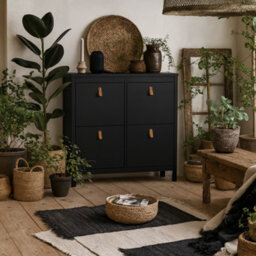 Wyld Haus Wildberry Matt Black Wooden Shoe Cabinet 4 Flip-Down Doors Leather Tab Handles
