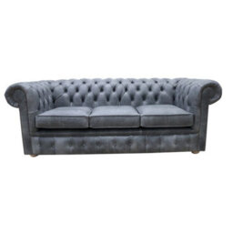 Chesterfield Original 3 Seater Settee Cracked Wax Ash Grey Real Leather Sofa - thumbnail 1