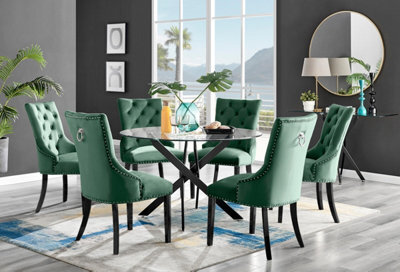 Furniturebox Uk Novara Black Leg 120Cm Round Glass Dining Table & 6 Green Belgravia Black Leg Chairs - image 1