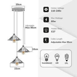 3 Head Vintage Ceiling Pendant Light With Metal Shades E27 Black - thumbnail 2