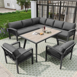 Btm Garden Lounge Set For 8, Rope Design, Wood-Look Table, Cushions - thumbnail 1