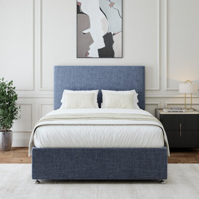 Bedmaster Midnight Blue Linen 2 Drawer Divan Base And Plain Headboard Small Double - image 1