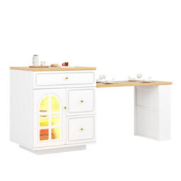 Btm Led Extendable Bar Table 122.5To195.5 X70 X93.5Cm Kitchen Island With Storage, Glass Cabinet Doors And Side Rack - thumbnail 9