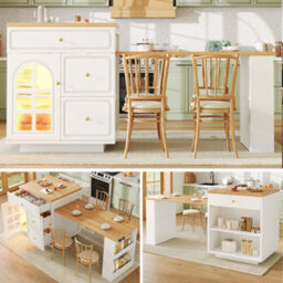 Btm Led Extendable Bar Table 122.5To195.5 X70 X93.5Cm Kitchen Island With Storage, Glass Cabinet Doors And Side Rack