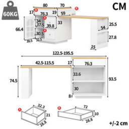 Btm Led Extendable Bar Table 122.5To195.5 X70 X93.5Cm Kitchen Island With Storage, Glass Cabinet Doors And Side Rack - thumbnail 7