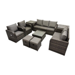 Fimous 3 Seater Sofa Reclining Chair Coffee Table Set Rattan Garden Furniture Set With 2 Side Tables 2 Small Stool Dark Grey Mixed - thumbnail 2