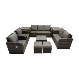 Fimous 3 Seater Sofa Reclining Chair Coffee Table Set Rattan Garden Furniture Set With 2 Side Tables 2 Small Stool Dark Grey Mixed - thumbnail 1
