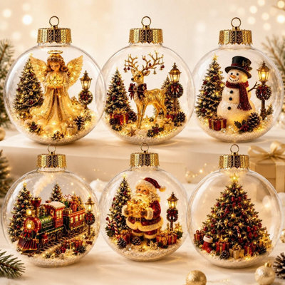 CLEFFNS 6Pcs Glowing Christmas Story Ornament, Light Up Mini Diorama, Warm Led Decor Ready To Hang Miniature Scene In Clear Plastic Ball - image 1