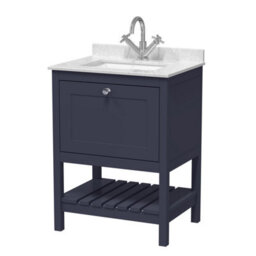 Balterley Coppenhall Bathroom Floor Standing 1 Drawer Vanity & Single Bowl 1 Tap Hole Marble Top, Indigo Blue/white, 600mm