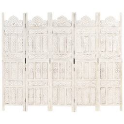 Berkfield Classic Hand Carved 5-Panel Room Divider White 200X165 Cm Solid Mango Wood - thumbnail 6