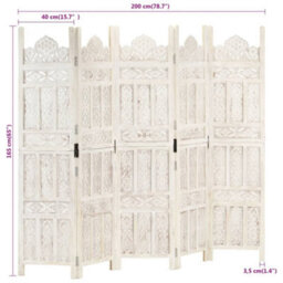 Berkfield Classic Hand Carved 5-Panel Room Divider White 200X165 Cm Solid Mango Wood - thumbnail 7