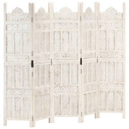 Berkfield Classic Hand Carved 5-Panel Room Divider White 200X165 Cm Solid Mango Wood - thumbnail 2