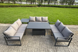Fimous U-Shaped Garden Furniture Set 9-Seater Aluminium With Adjustable Rising Lifting Dining Table Side Table Dark Grey - thumbnail 1