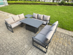 Fimous U-Shaped Garden Furniture Set 9-Seater Aluminium With Adjustable Rising Lifting Dining Table Side Table Dark Grey - thumbnail 2