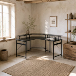 Wyld Haus Vevano 138.5Cm Black L-Shaped Work Desk With Integrated Led Lighting, Power Hub And Upper Monitor Shelf - thumbnail 1