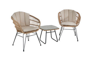 Sh&g Tatton 2 Seat Wicker Bistro Set - 3 Piece Drinks Table & Chairs - Brown Rattan With Cream Cushions - Indoor & Outdoor - image 1