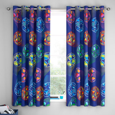 Catherine Lansfield Bright Football Fully Reversible 66X72 Inch Eyelet Curtains Two Panel Navy Blue - image 1