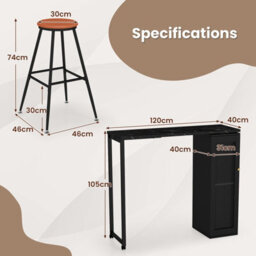 Gainoom Swivelling Top Black Bar Table And Chairs Set Of 3 W/ Storage Cabinet - thumbnail 2
