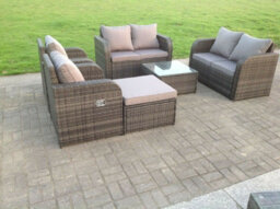 Fimous Dark Grey Pe Wicker Rattan Garden Furniture Set Love Sofa Set Reclining Chair Outdoor Big Footstool Coffee Table 7 Seater - thumbnail 1